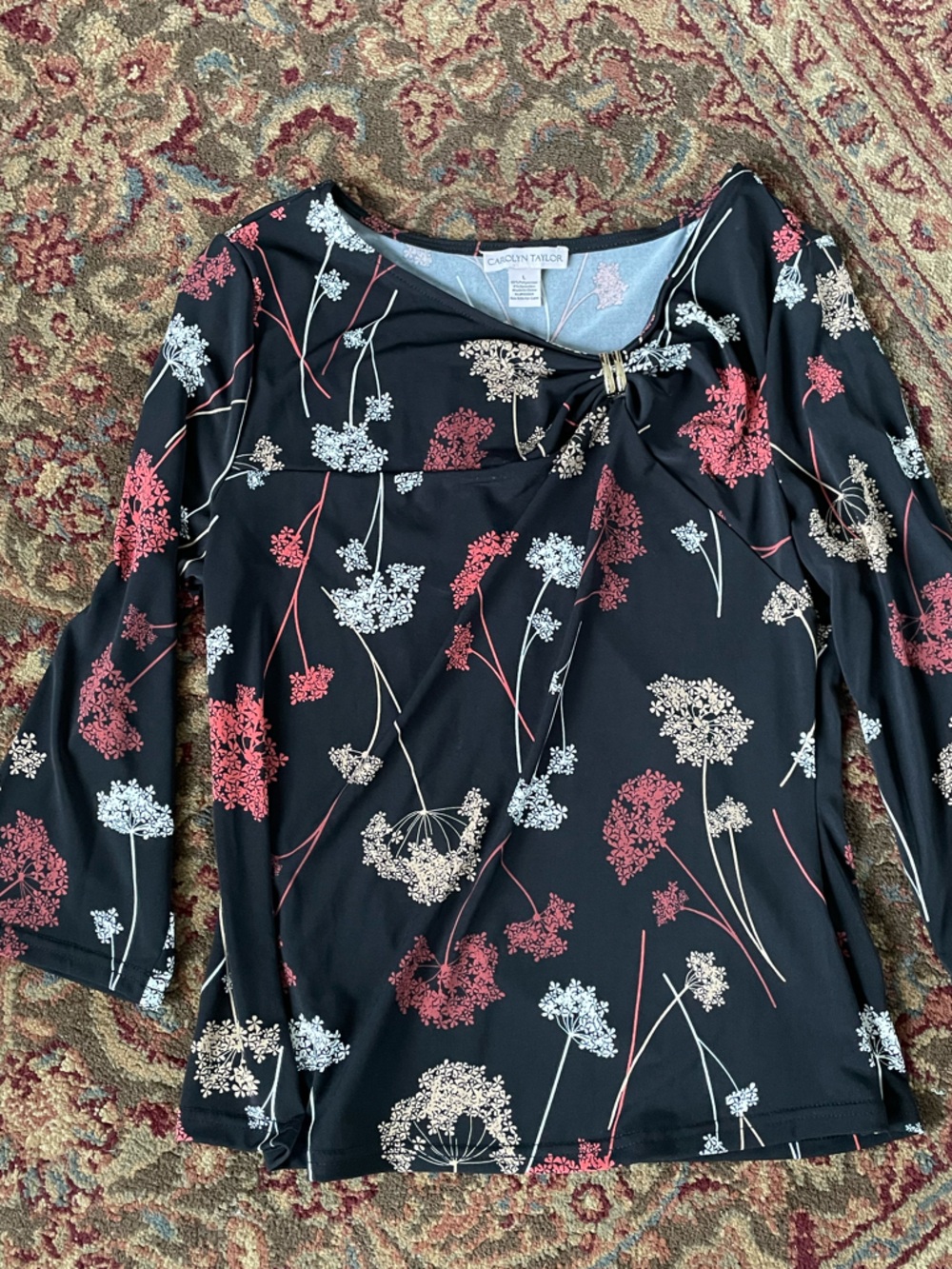 Carolyn Taylor Black Floral Top with Cream and Pink Accents